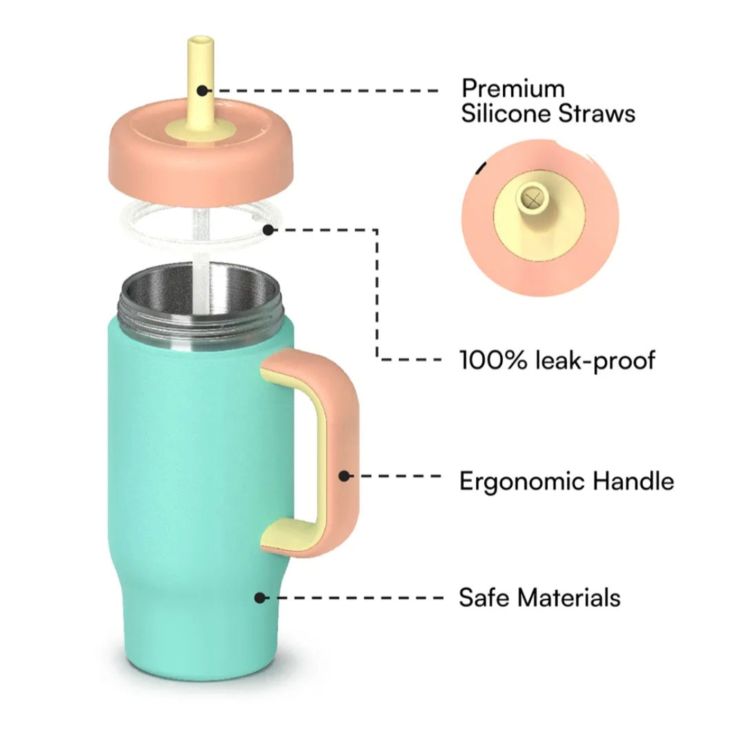 blue stainless steel toddler tumbler showing features